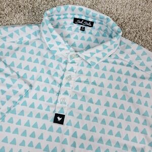 Bad Birdie Mens Medium White Blue AOP Triangles Performance Stretch Golf Polo SS